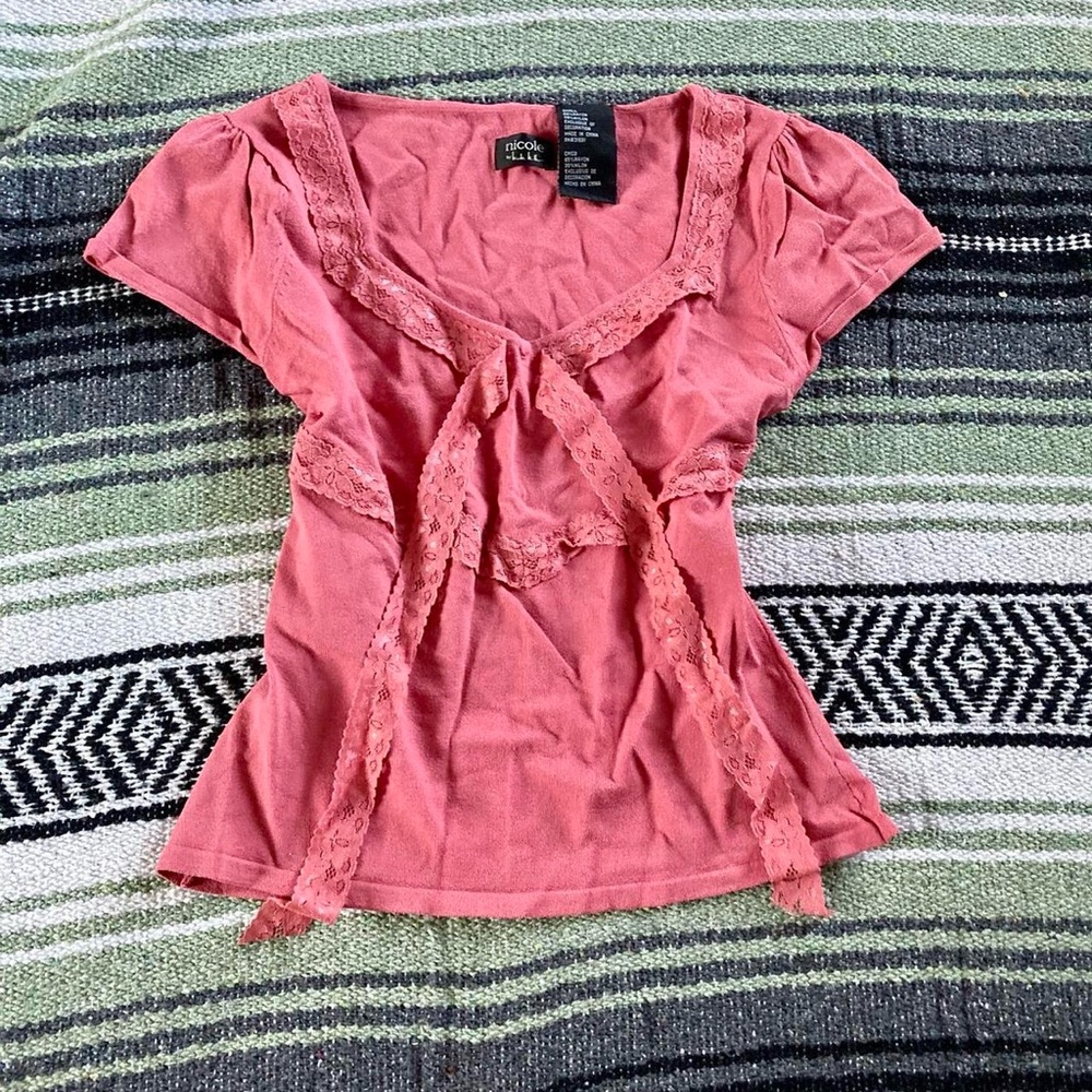 Vintage 90s/y2k nicole miller mauve dusty pink lacy cap sleeve blouse